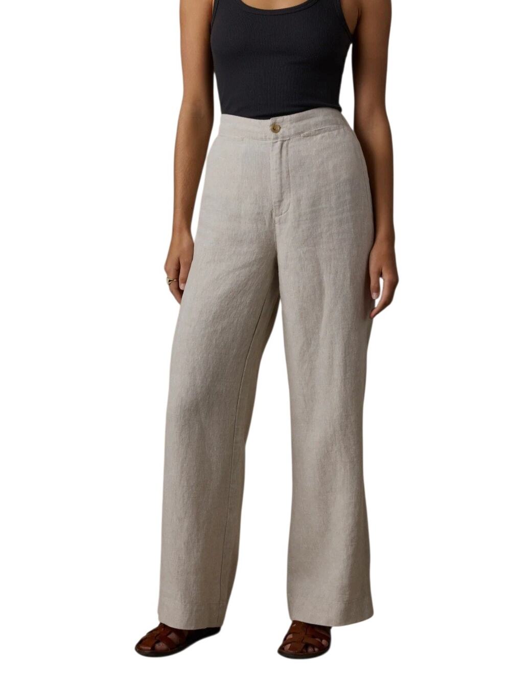Faherty Sun Strider Linen Wide Leg Pants Flax Beige Tan Elastic Waist Medium